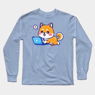 Cute Shiba Inu Dog Working On Laptop Cartoon Long Sleeve T-Shirt